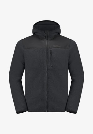 Fleece jacket in dark gray with a smooth black nylon upper panel. Features a front zipper and a zippered chest pocket. Hooded design.