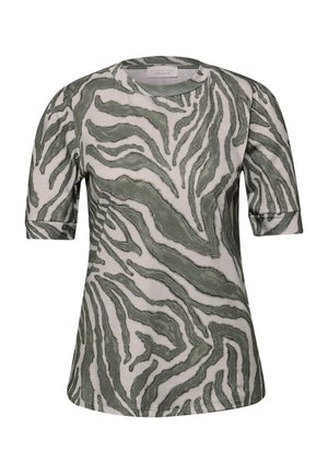 Haut à manches courtes pour femme, avec un motif abstrait zébré vert et beige, et un col rond, proposé par Street One Studio.