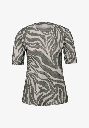 Kortærmet dametop med grønt og beige abstrakt zebra-lignende mønster og rund halsudskæring fra Street One Studio.