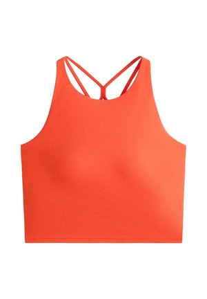 Reggiseno sportivo arancione con una texture morbida ed elastica, caratterizzato da un design a schiena scoperta e sottili spalline incrociate sul retro.