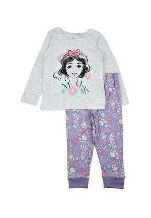 Haut gris à manches longues avec un motif de Blanche-Neige et des détails floraux. Pantalon de pyjama violet avec un motif floral coloré et des poignets élastiques.
