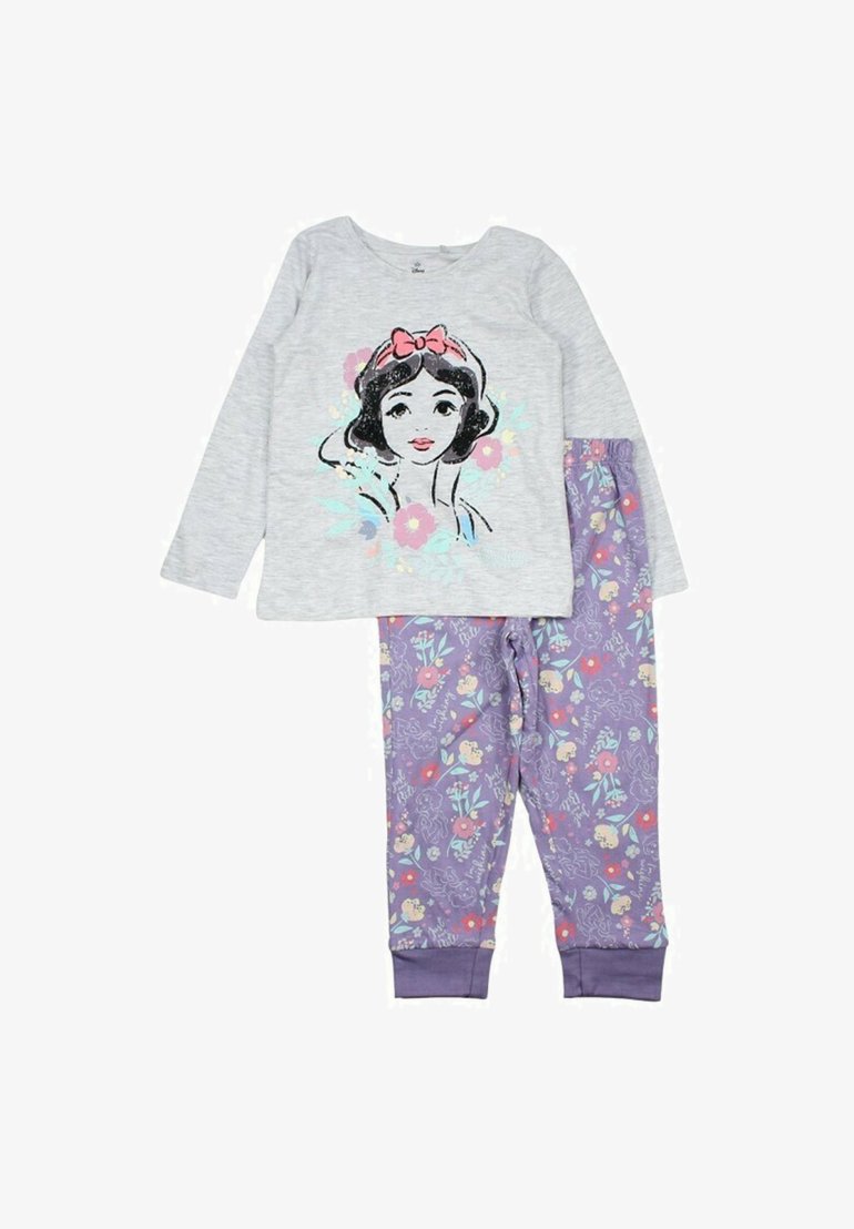 Haut gris à manches longues avec un motif de Blanche-Neige et des détails floraux. Pantalon de pyjama violet avec un motif floral coloré et des poignets élastiques.