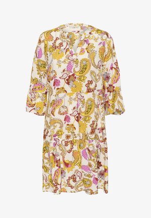 Floral dress with a V-neckline, three-quarter sleeves, and a flared hem. Features a colorful paisley pattern in pink, yellow, and white.