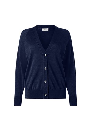 Marineblauwe cardigan van fijne brei stof, met een V-hals, lange mouwen, knoopsluiting en geribde zoom en manchetten.