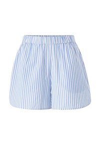 Blauwe en witte gestreepte shorts met een elastische tailleband, lichte stof en een relaxte pasvorm. Bevat verticale strepen en zijzakken.