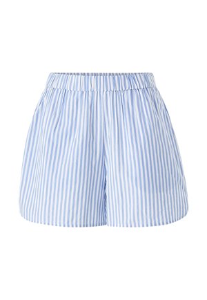 Blue and white striped shorts with an elastic waistband, lightweight fabric, and a relaxed fit. Features vertical stripes and side pockets.