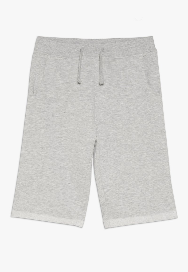 Shorts gris clair jusqu'aux genoux avec taille élastique, cordon de serrage et poches latérales, fabriqués en tissu doux.