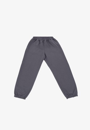 Pantaloni de trening gri, cu talie elastică, terminații manșonate și buzunare laterale. Fabricati dintr-un material moale din amestec de bumbac, cu un branding minimalist.