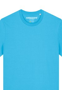 Türkise Baumwoll-T-Shirt mit Rundhalsausschnitt und kurzen Ärmeln. Hat eine glatte Textur und Etikettendetails im Kragen.