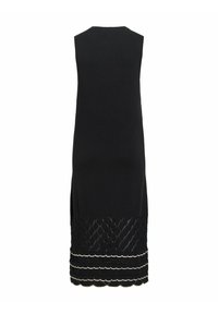 Robe midi noire sans manches avec un motif diamant texturé et un ourlet festonné avec des détails de bordure blanche en bas.