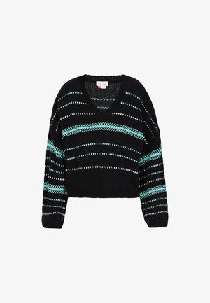 Schwarzer gestrickter Pullover mit V-Ausschnitt, der horizontale Streifen in Türkis und Weiß aufweist. Lange Ärmel mit einem lockeren, cropped Schnitt.