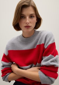 Maglione a righe rosse e grigie con collo rotondo, polsini a coste e vestibilità comoda, realizzato in morbido materiale a maglia.