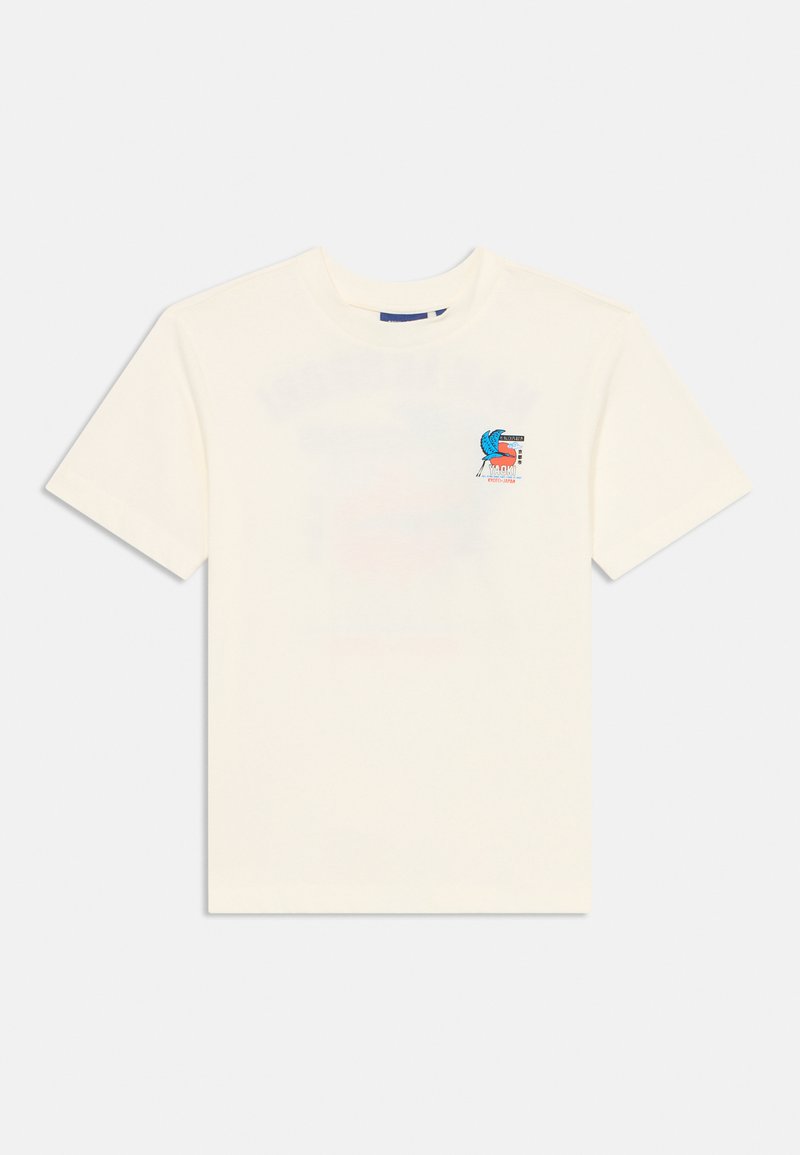 Cream-colored cotton t-shirt with a crew neck. Features a multicolor graphic print on the chest. Short sleeves, relaxed fit.