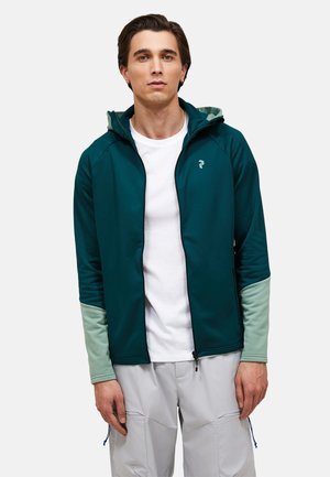 Giovane uomo che indossa una felpa con zip verde scuro e verde chiaro sopra una t-shirt bianca e pantaloni grigio chiaro, in piedi davanti a uno sfondo semplice.