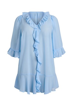 Lichtblauwe blouse met mouwen tot halverwege de arm met pof, gerimpelde kraag, rouches aan de voorkant en een uitlopende zoom.