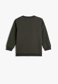 Ciemnozielony sweter, mieszanka bawełny, okrągły dekolt, długie rękawy, ściągacze na mankietach i u dołu, gładka faktura, prosty design, bez widocznych logo.