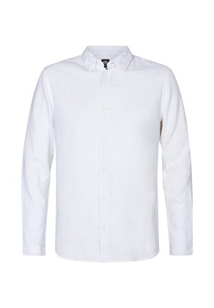 Camisa blanca de manga larga y botones, hecha de una tela ligera, con un cuello clásico, una sutil textura y un dobladillo recto.