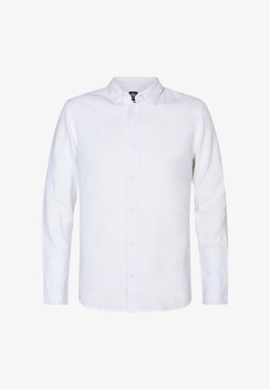 Camicia bianca a maniche lunghe con bottoni, realizzata in tessuto leggero, caratterizzata da un colletto classico, una sottile trama e un'orlo dritto.