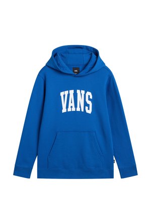Modrá mikina s kapucí vyrobená z bavlněné směsi, má klokaní kapsu, stahovací kapuci a logo "VANS" v tučném bílém písmu.