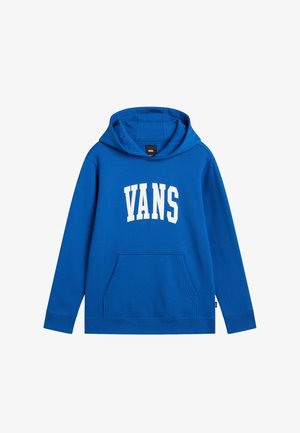 Sudadera azul hecha de una mezcla de algodón, cuenta con un bolsillo canguro, capucha ajustable con cordón y el logotipo "VANS" en un tipo de letra blanca en negrita.