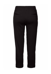 Black cropped pants made of soft fabric. Features elastic waistband, two back pockets, and a straight leg design. Minimalist style.