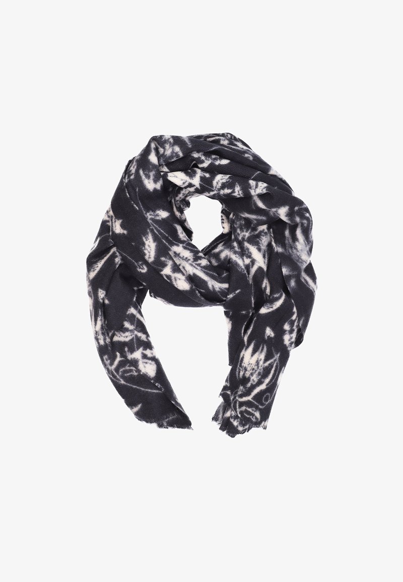 Sciarpa con motivo floreale in bianco e nero, texture morbida, forma rettangolare, bordi frangiati, drappeggiata in modo rilassato.