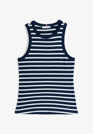Gestreept tanktop in marineblauw en wit. Ribbelstructuur, ronde halslijn en brede armsgaten. Klein logo-label op de zoom.