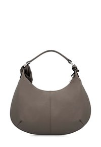 Sac hobo en cuir marron élégant avec une silhouette incurvée, texture lisse et une seule bandoulière nouée. Détails en métal argenté.