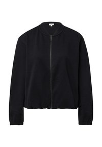 Czarna bluza z zamkiem na całej długości, z okrągłym dekoltem, elastycznym pasem i mankietami, wykonana z miękkiego materiału, z minimalistycznym wzorem.