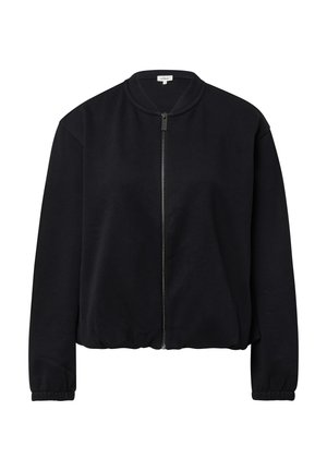 Schwarzer Sweatshirt mit Reißverschluss und rundem Ausschnitt, elastischem Bund und Bündchen, gefertigt aus weichem Stoff, mit minimalistischem Design.