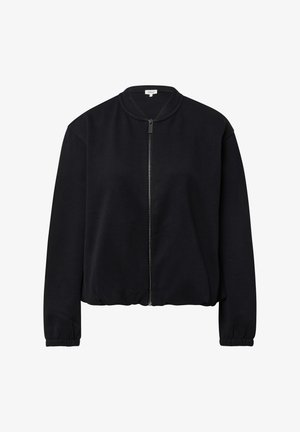 Schwarzer Sweatshirt mit Reißverschluss und rundem Ausschnitt, elastischem Bund und Bündchen, gefertigt aus weichem Stoff, mit minimalistischem Design.