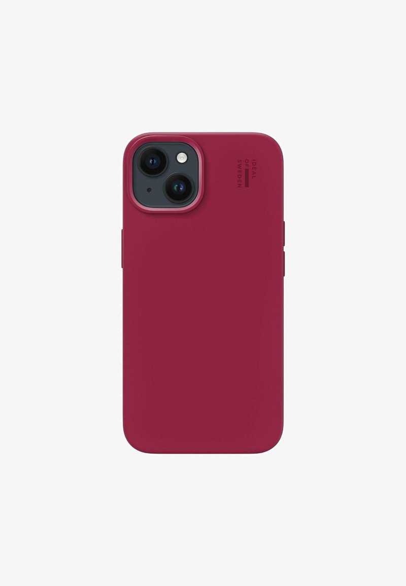 Rød silikonetelefondeksel med matte overflater, tettsittende design, utskjæring for kameraet, og hevet merkevarelogo på siden.