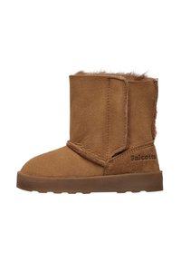Brązowe zamszowe botki do kostki z zaokrąglonym brzegiem, miękką futrzaną wyściółką i gumową podeszwą. Posiadają logo "Falcotto" po boku oraz haftowane akcenty.
