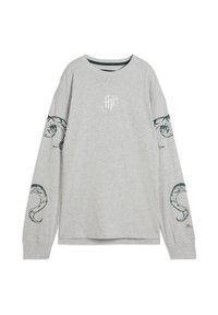 Gray long-sleeve t-shirt in cotton blend, featuring green tentacle designs on sleeves and a printed logo on the chest. Round neck, relaxed fit.