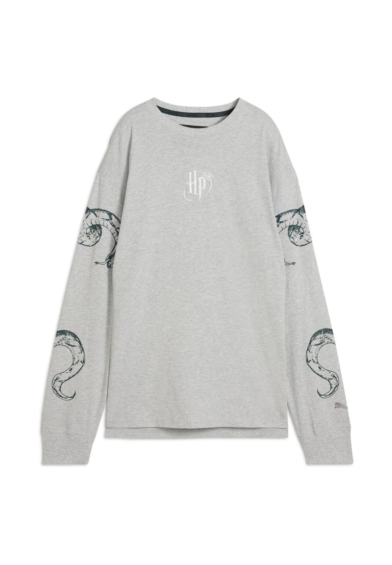 Gray long-sleeve t-shirt in cotton blend, featuring green tentacle designs on sleeves and a printed logo on the chest. Round neck, relaxed fit.