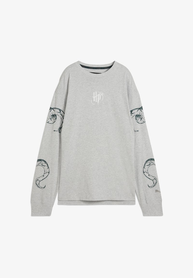 Gray long-sleeve t-shirt in cotton blend, featuring green tentacle designs on sleeves and a printed logo on the chest. Round neck, relaxed fit.