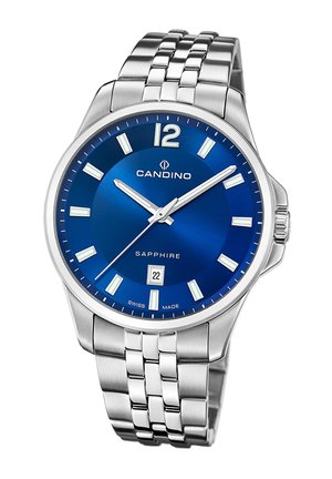 Montre-bracelet en acier inoxydable avec un cadran bleu, des index horaires argentés, un guichet de date à 6 heures, et un bracelet métallique à maillons.
