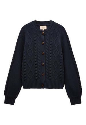 Cárdigan azul marino de punto con trenzas, botones de madera, patrones de rombos y borlas, puños y dobladillo acanalados y escote redondo.