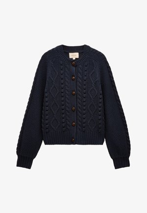 Cardigan blu navy a maglia con trecce, bottoni in legno, motivi a rombo e pon pon, polsini e orlo a coste e scollo rotondo.