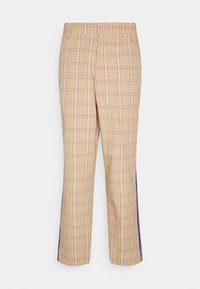 Vaaleanbeige ruudulliset housut, joissa on elastinen vyötärö, hienovaraiset ruutukuviot ja erottuvat siniset sivuraidat. Suora lahjemuoto.