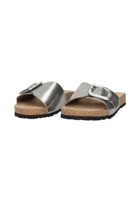 Silver metallic slide sandals with a cork footbed and black rubber sole. Buckle accent on the strap. Open-toe design, textured surface.