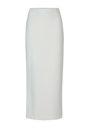 Weißer, hoch taillierter Midi-Bleistiftrock mit einem klaren, minimalistischen Design ohne sichtbare Muster oder Verzierungen.