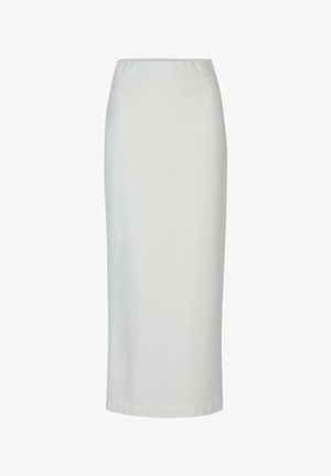 Weißer, hoch taillierter Midi-Bleistiftrock mit einem klaren, minimalistischen Design ohne sichtbare Muster oder Verzierungen.