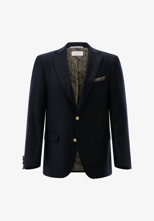 Marineblazer mit goldenen Knöpfen, Paisley-Muster im Futter, passendem Einstecktuch und einer Kerbkragen, auf weißem Hintergrund präsentiert.