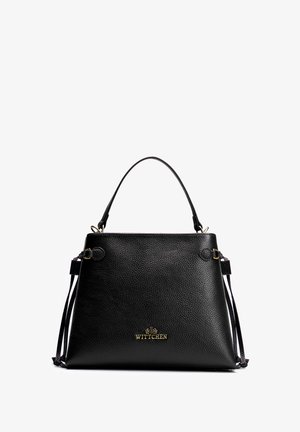 Sac à main en cuir noir texturé avec une poignée courte, de forme trapézoïdale, et le logo "WITTCHEN" doré au centre devant.