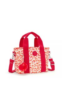Borsa tote con stampa leopardata rossa, dotata di doppi manici superiori, tracolla staccabile e un portachiavi a forma di scimmia pelosa attaccato. Presenta una patch rotonda con logo.