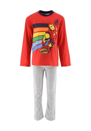 Kinder rotes Langarmoberteil mit Iron Man und Regenbogenstreifen, kombiniert mit hellgrauer langer Schlafanzughose.