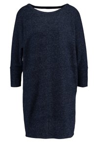 Robe-pull en laine bleu foncé à manches longues, avec un large col rond et un tissu doux et texturé.