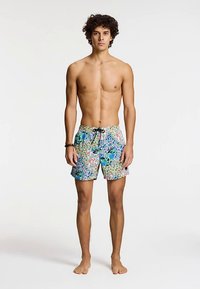 Men's swim shorts in a multicolored floral pattern, featuring a drawstring waist, lightweight fabric, and above-the-knee cut.