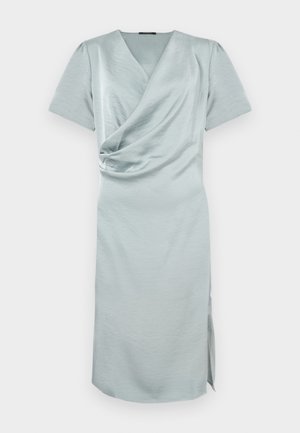 Himmelblaues Satin-Kleid bis zum Knie mit kurzen Ärmeln, V-Ausschnitt und gewundenem Drapierungsdetail an der Taille.
